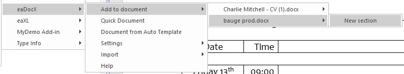 Right-Clicking in the model browser to add to document will show you all the documents you have open in eaDocX and let you choose in which you want your data. New Sections will be created wherever your cursor is in the Word Document.